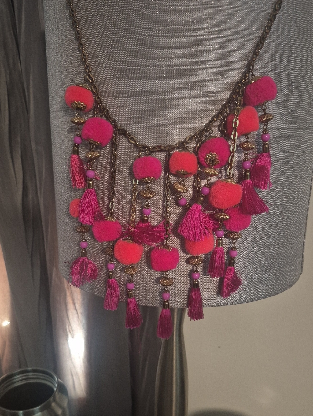 Boho Pom Tassel Statement Necklace - Pink